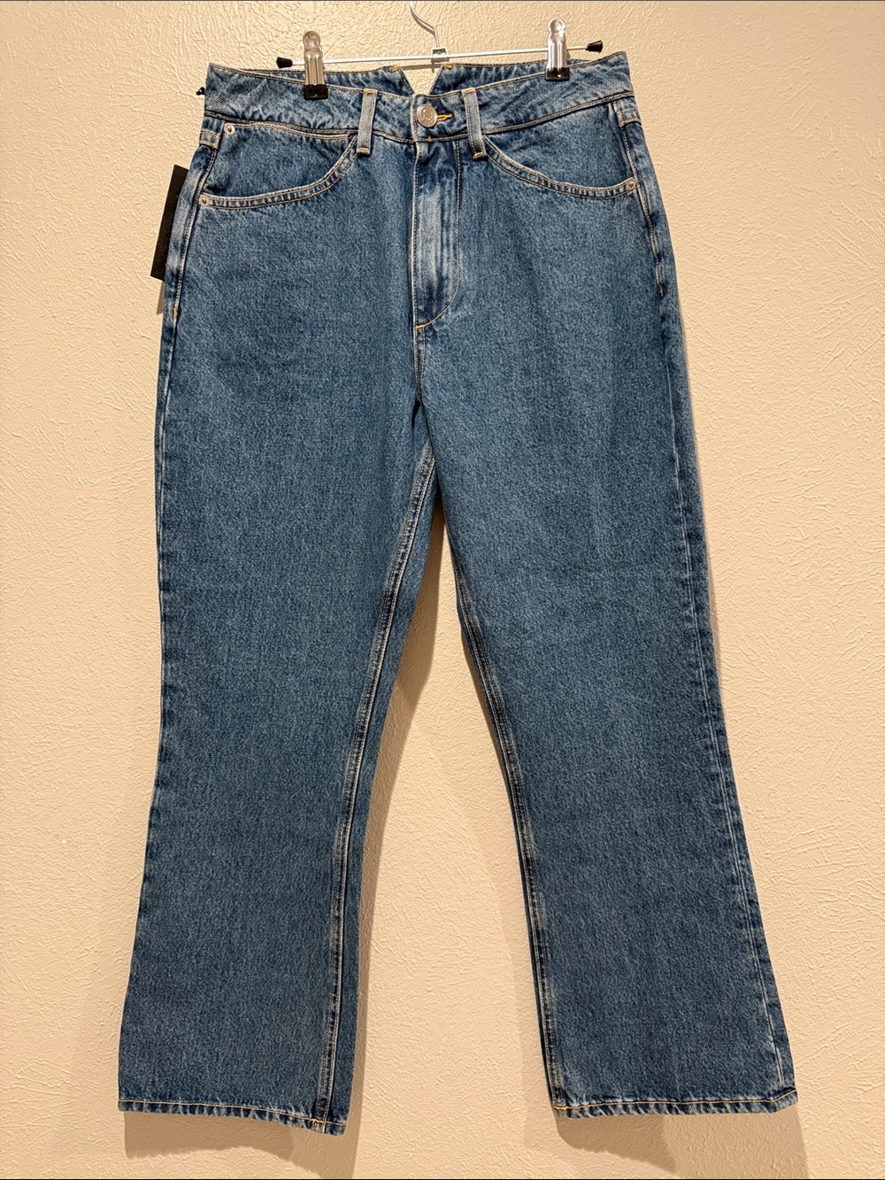 SPRWMN Los Angeles Crop Flare Denim Jeans - Light Blue with Yellow Stitching